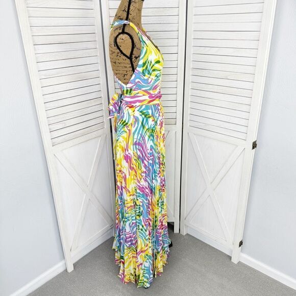 Milly Oria Waves of Zerbra Pleated Halter Maxi Dress Yellow Pink Multi Size 4 - Picture 5 of 15